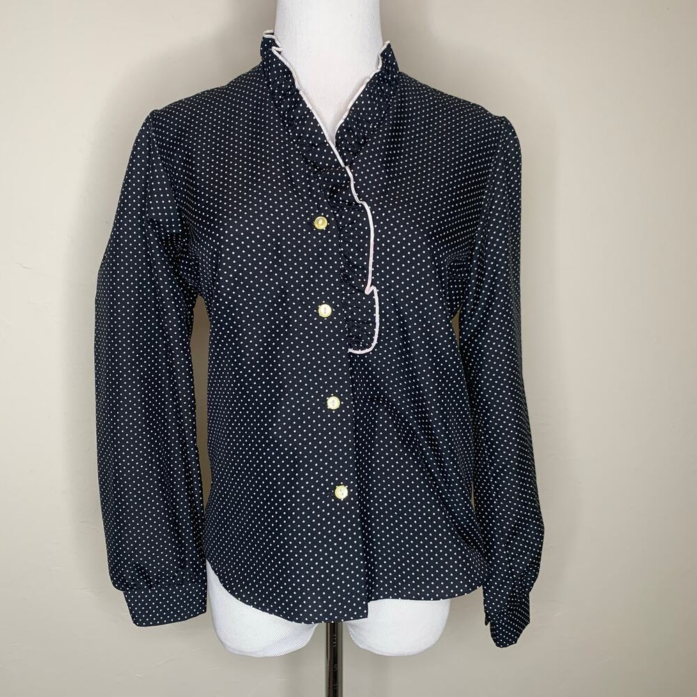 Vintage Polka Dot Black White Ruffle Neck Sz ? Small